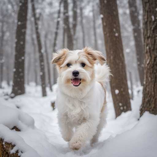 a maltese running through a snowy forest