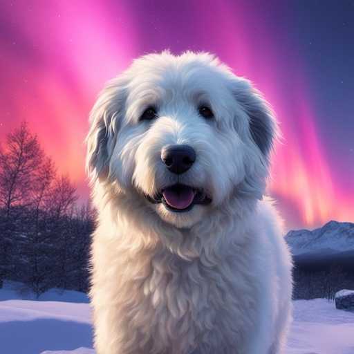 a sheepdog looking up at Aurora Borealis