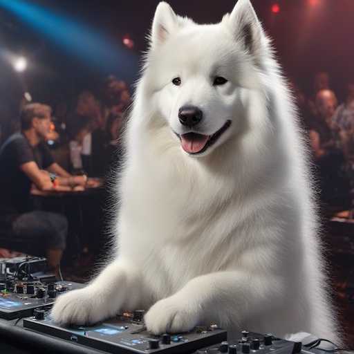 a samoyed as a DJ in a club