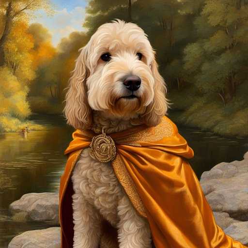 a goldendoodle wearing a cape in a royal-style painting