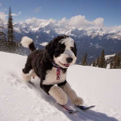 a bernedoodle skiing down a mountain