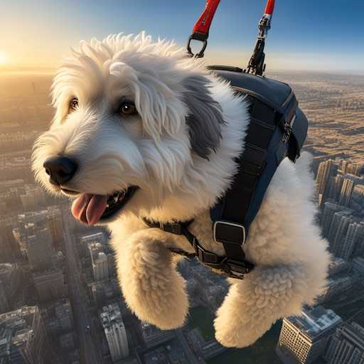 a sheepdog skydiving over an urban center at sunrise
