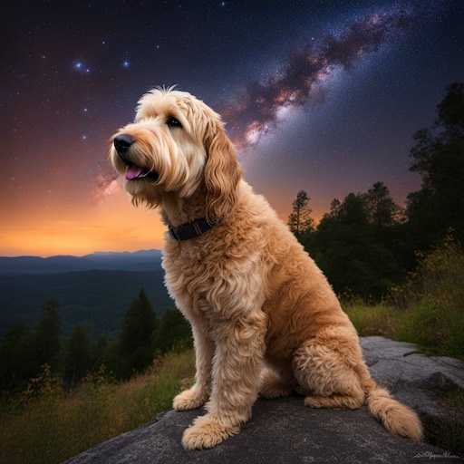 a goldendoodle looking up at a starry night sky